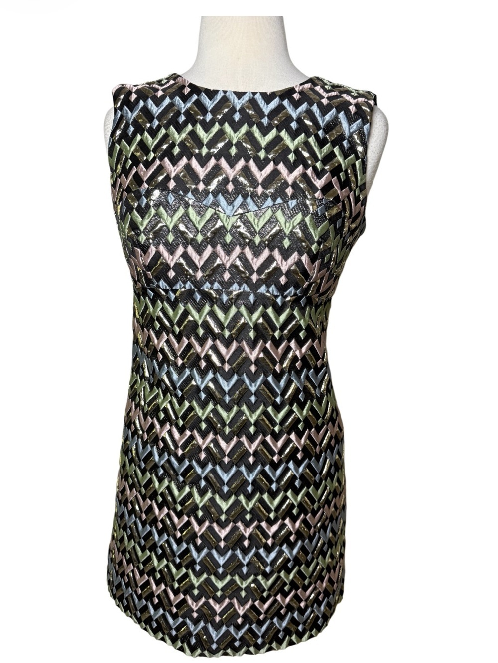 Milly Runway Couture Sleeveless Chevron Metallic Shift Dress in Black-Size 4